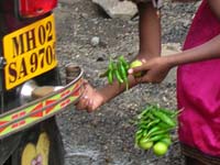 Girl tying chilli lemon to rickshaw