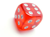 Look at that! Lucky again! - A red transparent dice with the six facing up